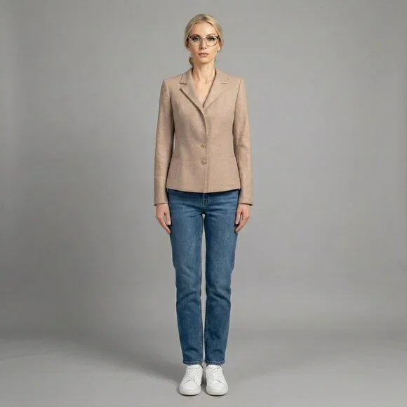 Vintage 1990s Custom Tailored Beige Wool Herringbone Blazer S/M - Picture 3 of 11